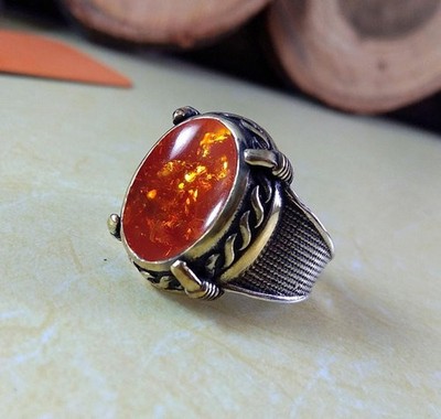 Solid 925 Sterling Silver Natural Baltic Amber Gemstone Huge Men's Unisex Ring