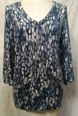 New CHICO'S Size 2 (US Large 12)  V-Neck Pullover Cashmere Blend Blue Dusk Dots