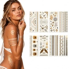 8 Sheets Gold Tattoos Temporary, Long Lasting Metallic Tattoos