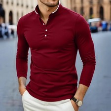 Men's Stand Collar Long Sleeve T-Shirt Solid Color Casual Comfortable Summer Top