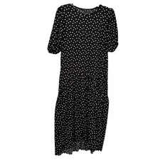Zara black tiered  puff sleeve midi dress white polka dot size Small