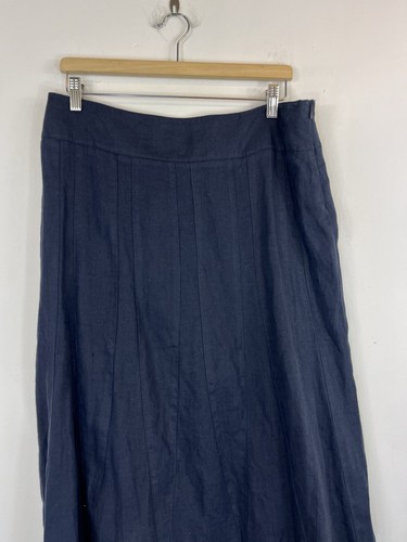 Per Una Maxi Skirt 14 Tall Navy Blue Tall Flare Patchwork 100% Linen - Picture 4 of 7