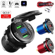 Car Cigarette Lighter Socket Plug Aluminum Dual USB Port LED Voltmeter 12V-24V