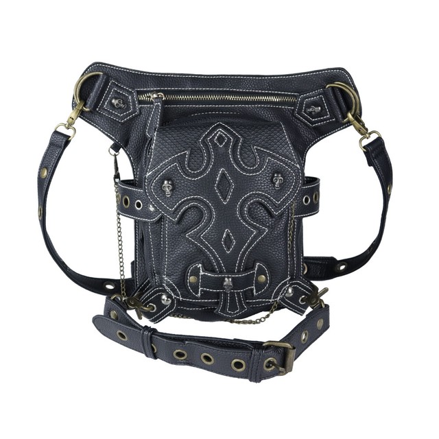 Sacoche harnais noir imitation cuir avec croix et crânes gothique rock Sacoche harnais noir imitation cuir avec croix et crânes gothique rock