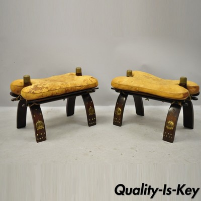 Moroccan Saddle Leather Orange Brass Trim Wood Base Footstool Ottoman A Pair Ebay