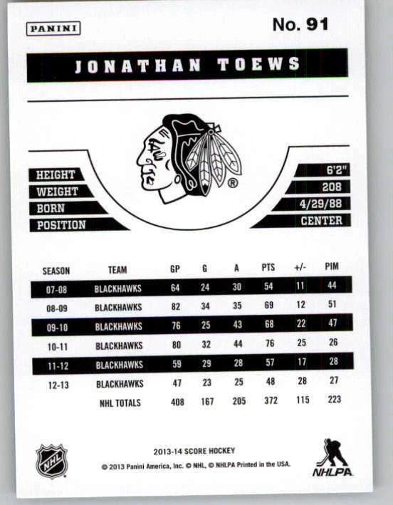 2013-14 Score Gold #91 Jonathan Toews (ref 162377) - Image 2 of 2