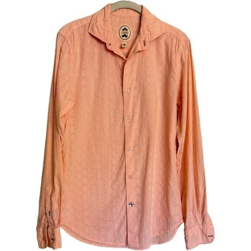 Ganesh Cotton Mens Peach Floral Embroidered Button Up Shirt Size S Small EUC