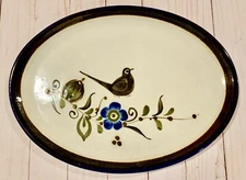 Beautiful NOE SURO Signed Brown Trim 14” Platter Tonala Blue Bird Flowers Mexico