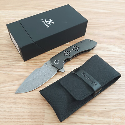 Kansept Knives Entity Knife 3.52'' Damascus Steel Blade Stonewashed Titanium