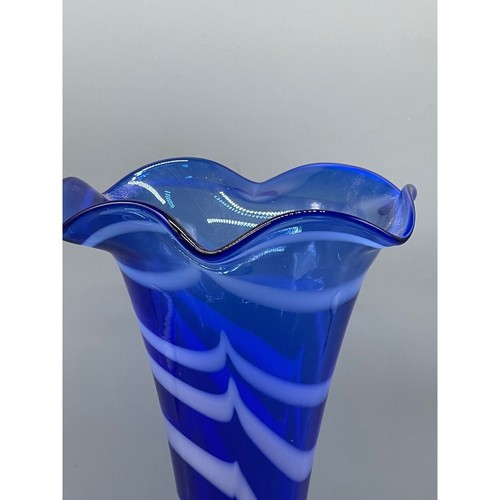 handkerchief vase cobalt blue white fluted swirl 12.5" tall 3.5" base 6.25" READ - Picture 5 of 8