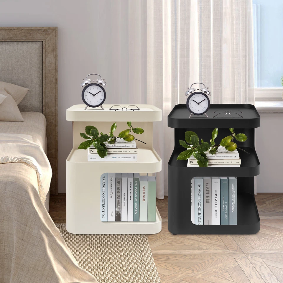 Mesa auxiliar moderna cuadrada crema/negro de 3 niveles mesita de noche moderna mesa auxiliar moderna Foto 3 de 4