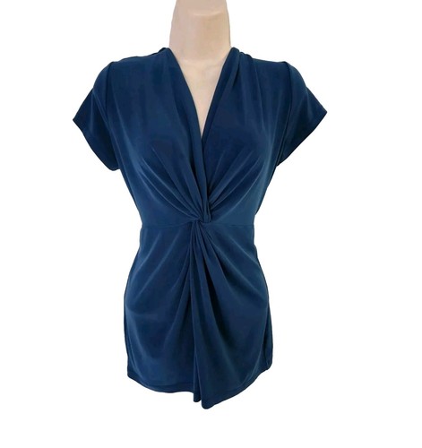 Merona Women's Sz Medium Short Sleeve Wrap Blouse Teal Blue/Green Slinky Top EUC