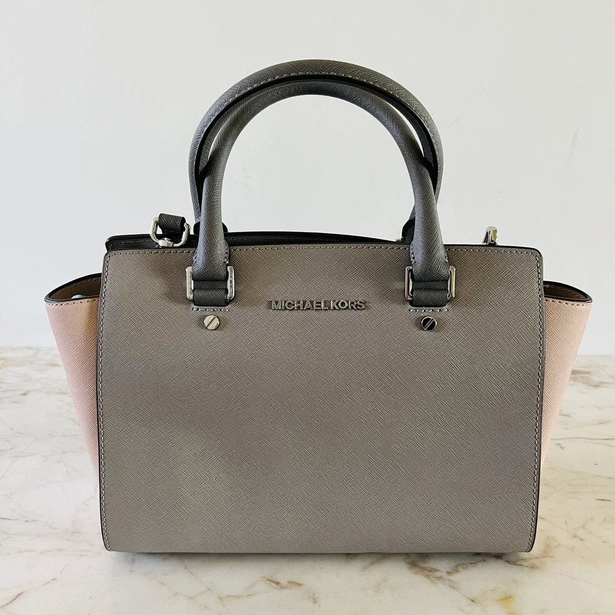 MICHAEL KORS Selma Pink Gray Color Block Leather Medium Satchel Crossbody  Bag