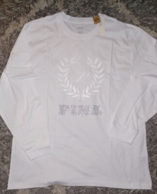 VSPINK Embroidered bling long sleeve campus tee New XL White logo 
