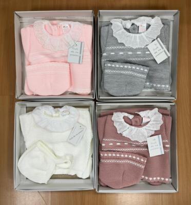NEWBORN BABY GIRLS/BOYS SPANISH KNITTED OUTFIT WITH BOW GIFT BOX SET 0-3 MONTH