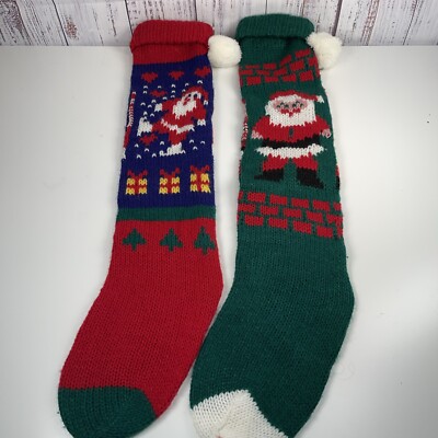 Pair TWO Knit Christmas Stockings Acrylic Red Green Santa Trees