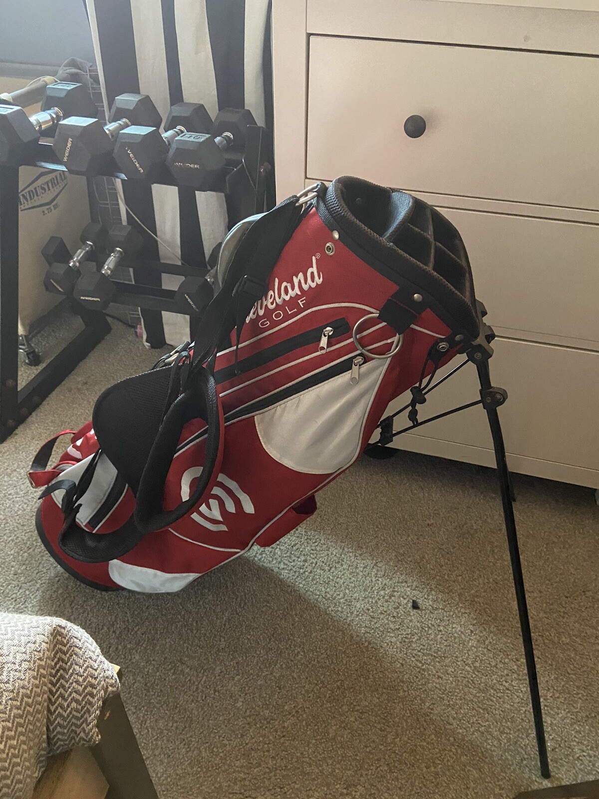 Cleveland Golf Bag Cart Black/Red w/ Rain Hood & Stand Great