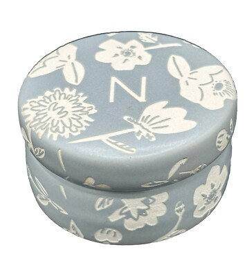 Anthropologie Masey Monogram N Trinket Dish Floral Bluish Gray White Lid Floral