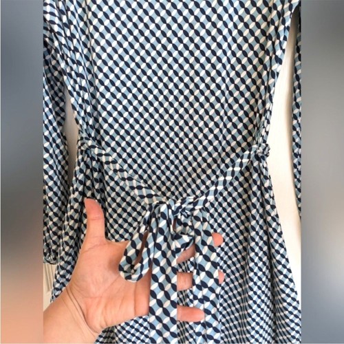 Boden Holly Jersey Knit Dress Size 12L Ruffle Hem Blue Geometric Print Belted - Picture 7 of 9
