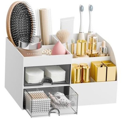 with 2 Drawerss Countertop for Vanity and Bathroom, Make Makeup Organizer White