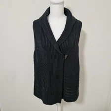Chaps Vest Womens L Black Shawl Collar Toggle Button Cable Knit Ribbed Diamond