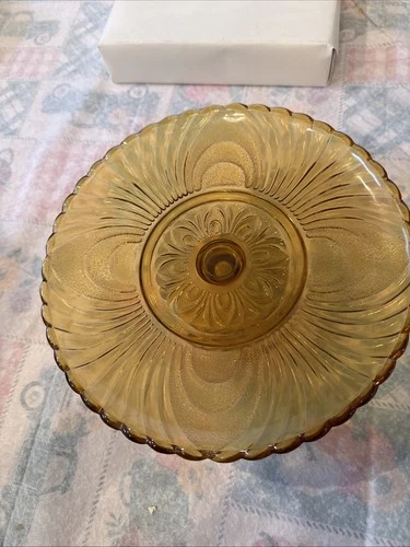 Vintage Anchor Hocking Fairfield Honey Amber Cake Plate Pedestal Stand 10"