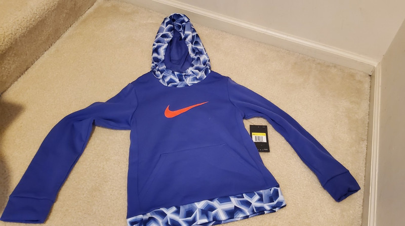 Nike Girls Blue Geometric Fleece Pullover Hoodie S Hooded Dri-Fit 860094-510