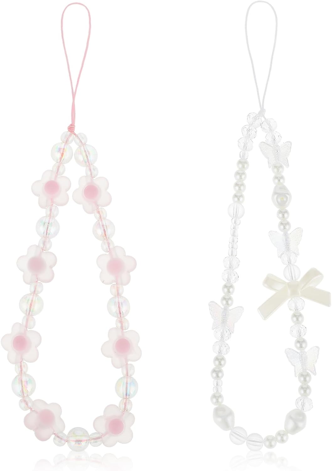 2 Pack Beaded Phone Bracelet Strap Crystal Butterfly Flower Pearl Phone Charms