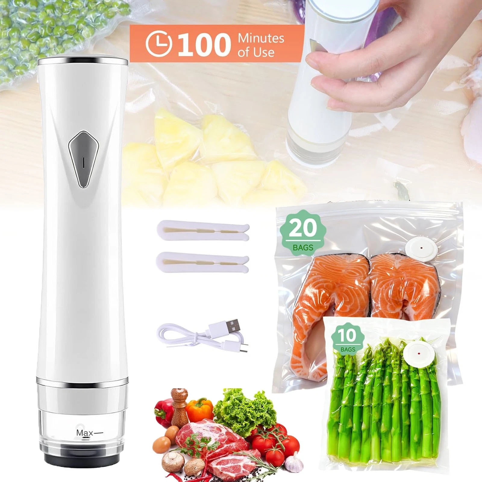 Compact Vacuum Sealer for Food (Vacuum Sealer Machine + 30 Reusable Vacuum Bags)