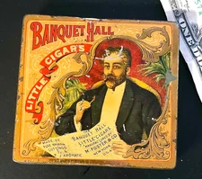 Antique 1897 BANQUET HALL LITTLE CIGARS Golden Tin Case 3.5x3.25