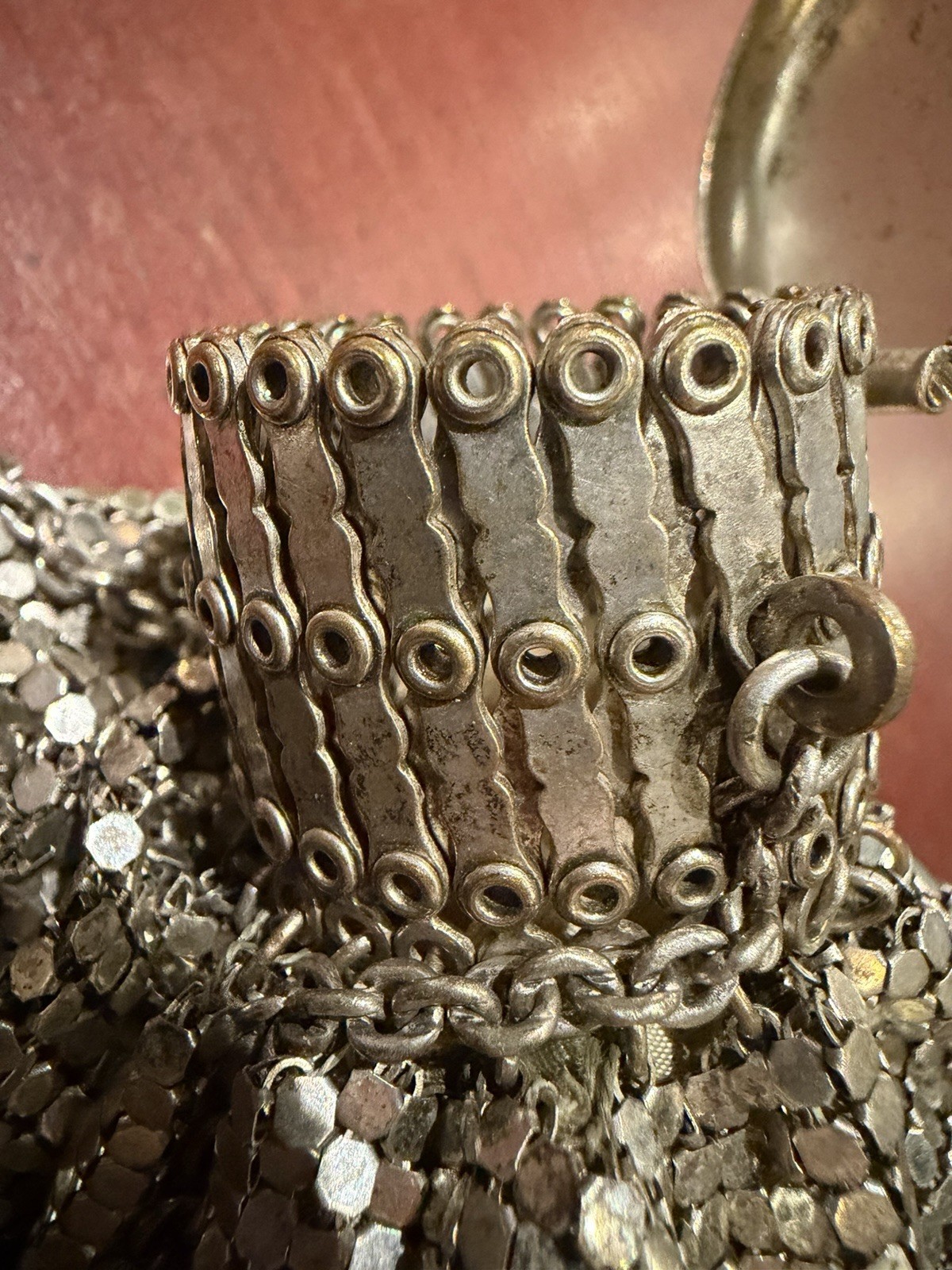 Antique WHITING DAVIS Silver Mesh Accordion Top E… - image 5