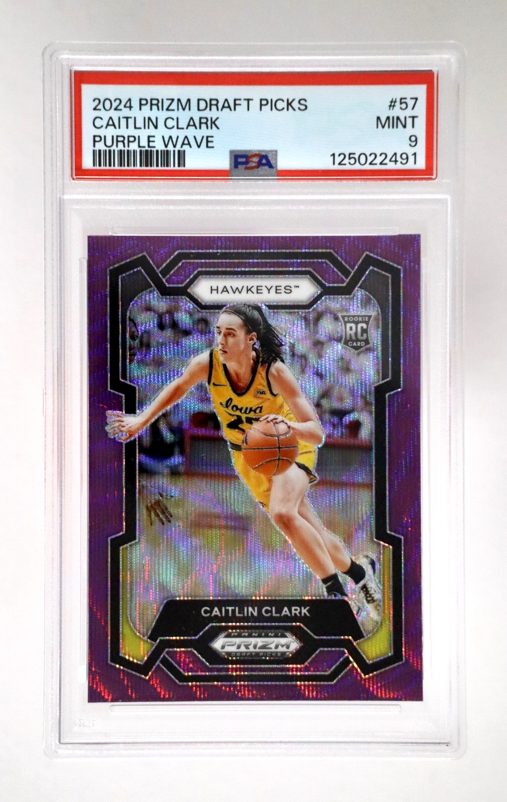 2024 Prizm Draft Picks Caitlin Clark Purple Wave RC PSA 9 Iowa Hawkeyes #57 S1