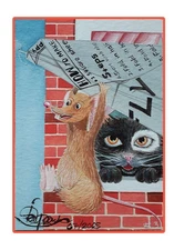 ACEO Original Black Cat and Rat Playing with A Rocket Watercolor Painting Signed