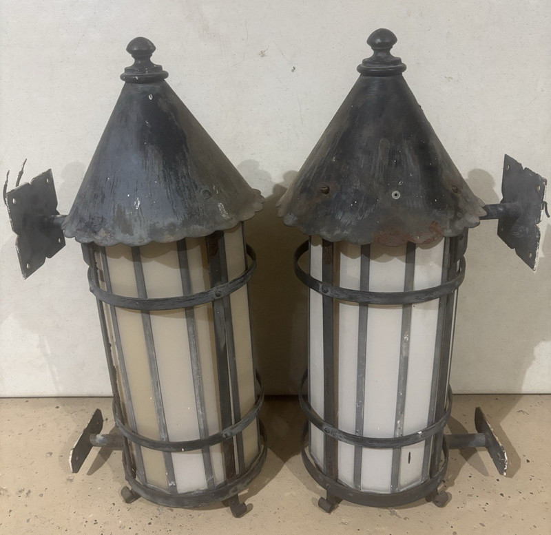 Vintage Pair Witches Hat Tudor Gothic Lantern Style Porch Light Fixture -RESTORE