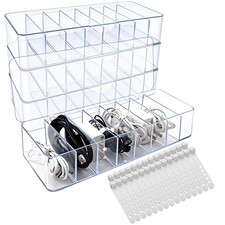 4 Pack Cable Storage Organizer, 10 In Plastic Cord Storage Box with 30 Wire T...