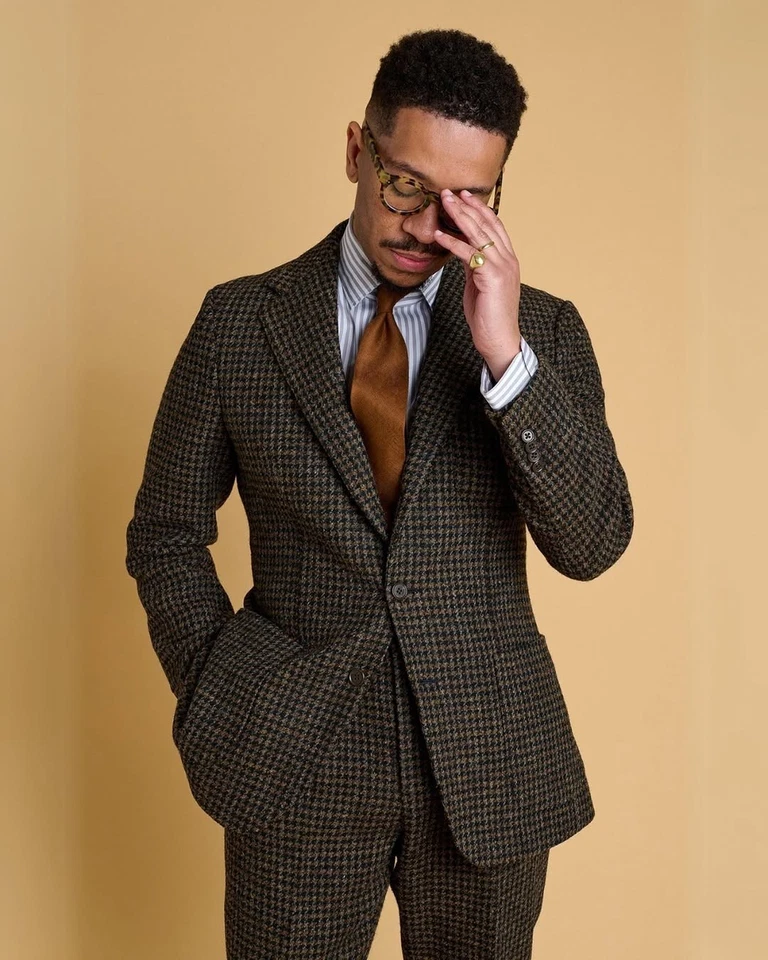 Business Men Suits Houndstooth Formal Wedding Party Tuxedos Tailored Notch Lapel - Image 3 of 4