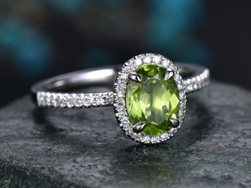 Lab Created Peridot 2.0Ct Oval Cut Women's Halo Fancy Ring 14K White Gold Plated - Picture 1 of 5