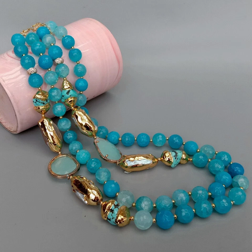 Faceted Agate Turquoise White Biwa Pearl Crystal Necklace Fashion Women Jewelry - Image 4 of 4