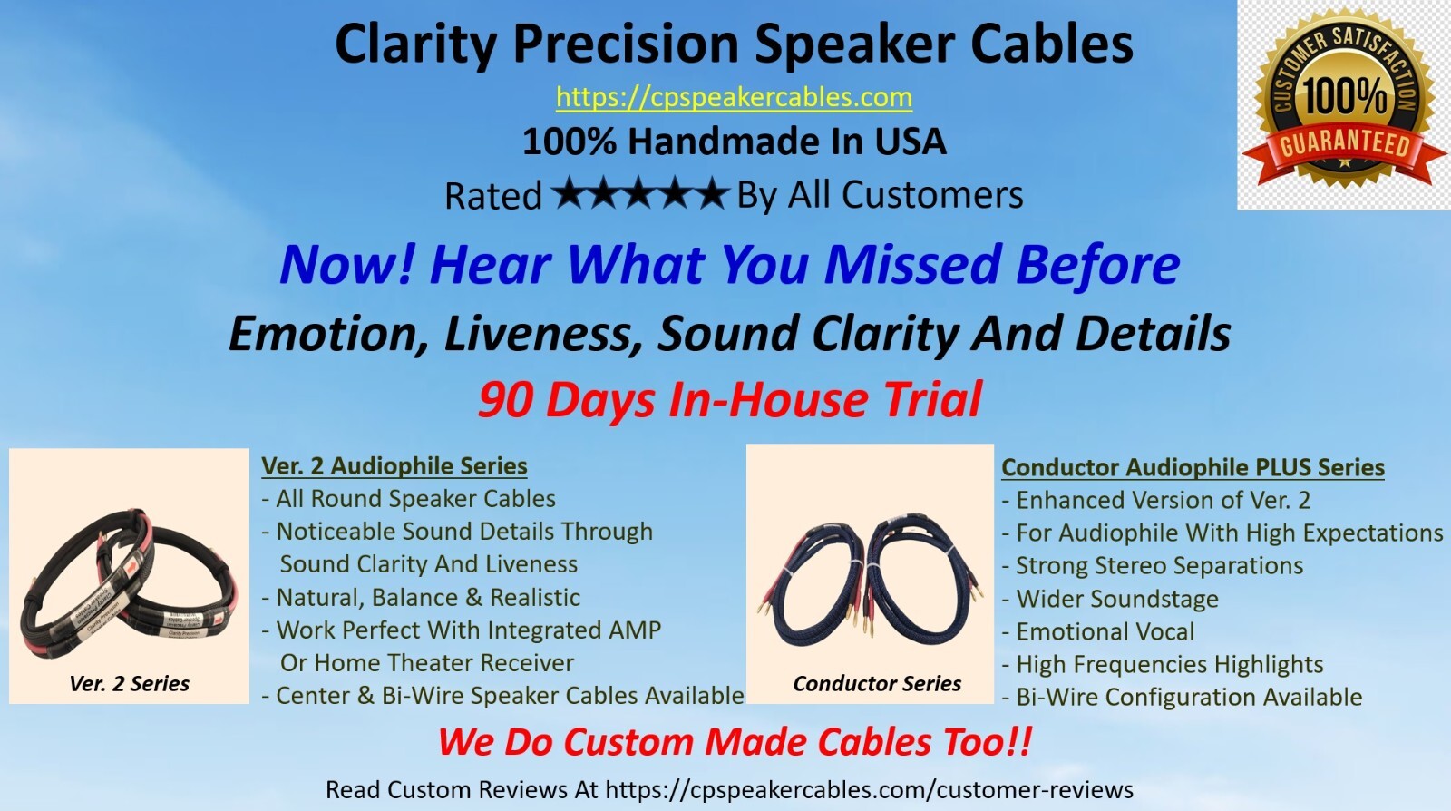 Clarity Precision Audiophile Bi-Wire Speaker Cables - 8ft. Handmade
