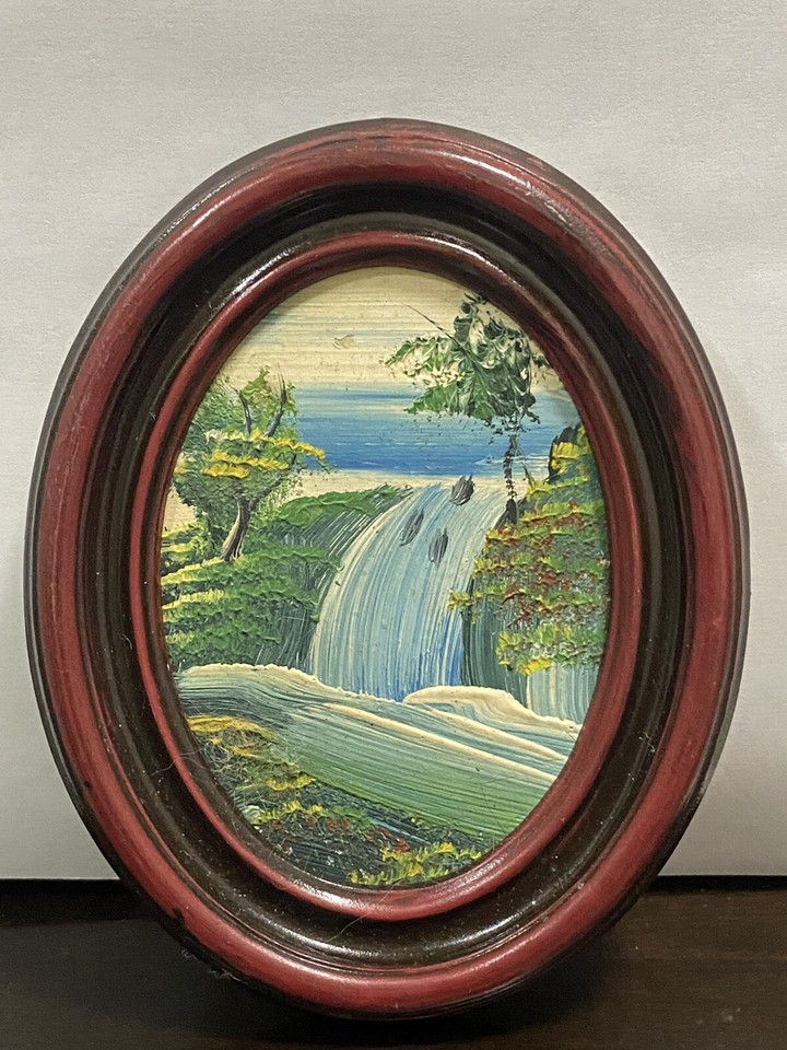 VINTAGE MINIATURE OIL PAINTING LANDSCAPE IMPRESSIONIST PLASTIC LUCITE