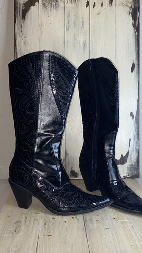 Black Sequin Bling Cowboy Boot, Size 