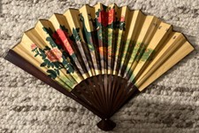 Vintage Large Chinese Fan Wall Hand Painted Green Peacock  Flowers