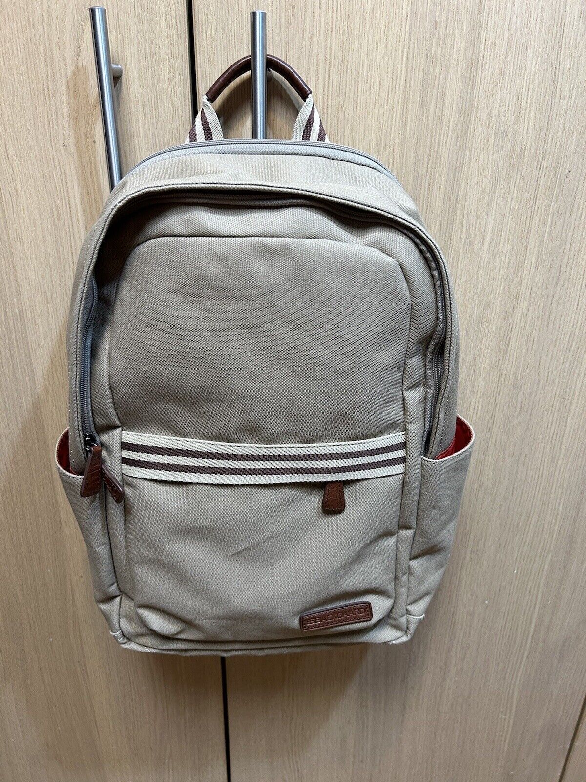 Baekgaard Teddy Zipper Backpack Beige Canvas Italian Leather Accents Laptop Bag