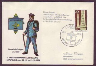 Beleg Saalfeld 1984 Briefmarkenausstellung Sonderstempel Briefkasten Postgebäude