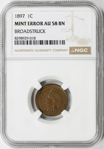 1897 1c Indian Cent NGC Broadstruck Mint ERROR AU58BN