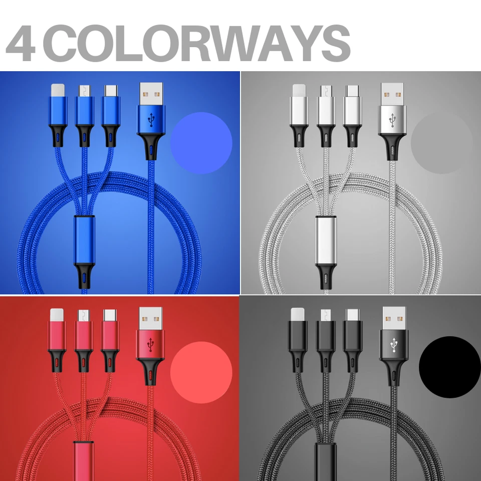 3 in 1 Micro USB Type C 3A Fast USB Charging Cable Cell Phone Cord Charger Lot - Image 2 of 4