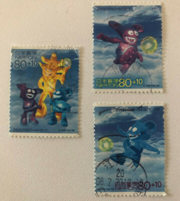 3x FIFA World Cup 2002 Stamp Briefmarke Mascot Maskottchen Ato Kaz Nik Finale
