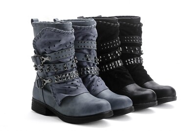Damen Stiefeletten Biker Boots Nieten Herbst Winter Flach Stiefel Neu ST15