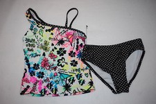 Girls Swimsuit 2 PC TANKINI SET One Shoulder Look BLACK  NEON Music Art XS 4-5