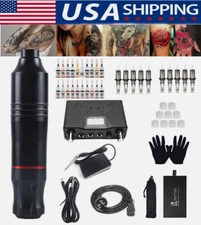 Complete Tattoo Kit Motor Pen Machine Inks Power Supply Needles Gloves